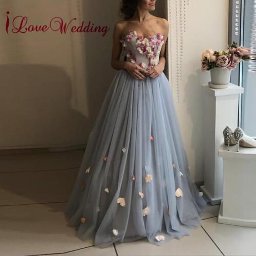 New Arrival 2020 Sweetheart Gray Tulle Handmade Flowers Custom made A Line Floor Length Formal Long Evening Dresses