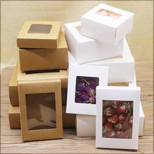 Window paper box white /brown color 20pcs cake packing box display clear chocolate/christmas candy box baby shower window box