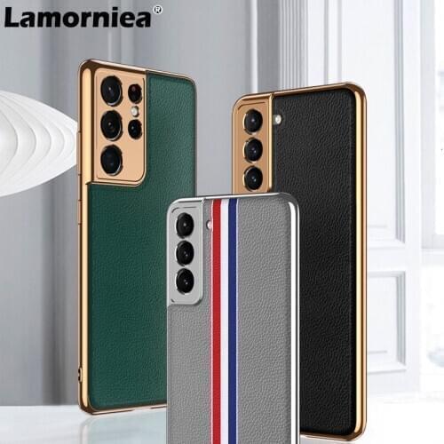 Luxury Plating Leather Texture Case For Samsung Galaxy S21 Ultra S21 Plus 5G Cover Hard Protective Phone Case Anti-Konck Coques
