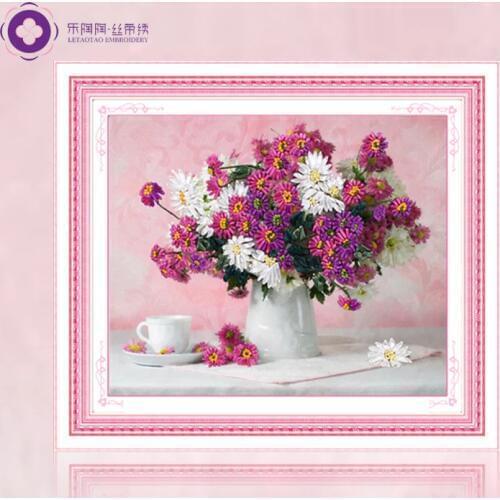 Needlework,DIY Ribbon Cross stitch Sets for Embroidery kit,Vase floral flower love ribbon Cross-Stitch handwork wedding kit