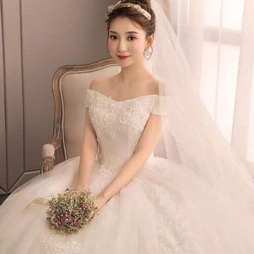 Boat Neck Wedding Dress Floral Print Fashion Short Sleeves Lace Up New Plus Size Wedding Gowns For Women Vestidos De Novia G286