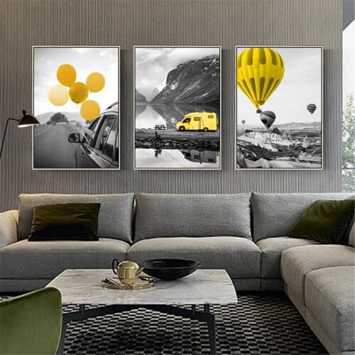 Modern Yellow Hot Air Balloon Car Beautiful Scenery Poster Canvas Print Painting Wall Art Living Room Home Decoration