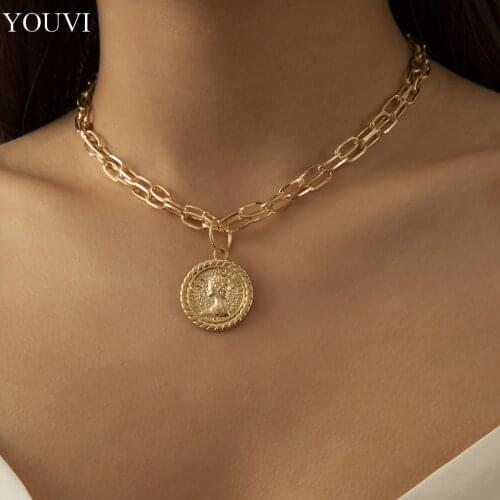 YOUVI Double Layer Goth Cuban Chains Necklace Men Charms Choker Jewelry Vintage Portrait Pedant Necklace Set Lovers Collar