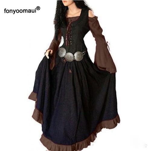 S-5XL Halloween Medieval Celtic Costume Vintage 2 Piece Set Slim Maxi Floor Dress Women Renaissance Lace Up Gown Robe Over Dress
