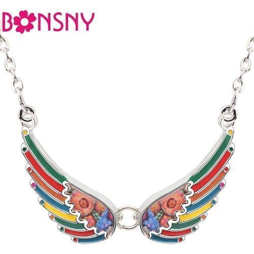 Bonsny Statement Enamel Alloy Floral Fairy Wings Necklace Chain Choker Pendant Novelty Jewelry For Women Girl Ladies Accessories