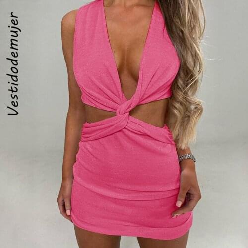 Vestidode Mujer Twist Ciss Cross Cut Out Vest Summer Dress Women 2021 Sexy Deep V Neck Mini Bodycon Beach Dress Vacation Outfits