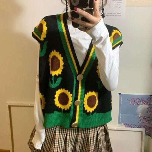 New Spring Autumn Women Cardigan Vest Sunflower Flower Vintage knitt Sweater Ladies V-neck Single Breasted Casual Waistcoat Vest