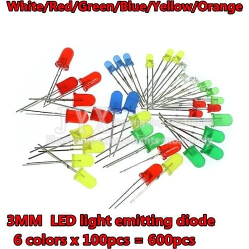 600pcs(6 colors x 100pcs) White Red Green Blue Yellow Orange 3mm 20mA Diffused Light-Emitting Diode LED 3V Lamp Assorted Kit Set