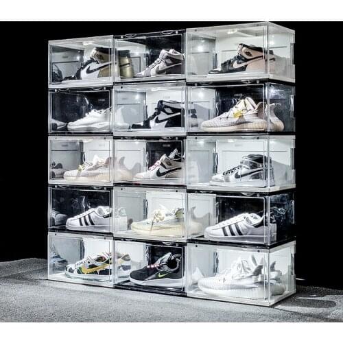 8pcs Sound Control LED Light Sneakers Shoe Wall Display Collection Storage Cabinet Acrylic Anti-Oxidation Transparent Shoe Box