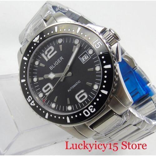 Business Style Automatic 40mm Mens Watch Black Dial Self Winding Wristwatch Date Display