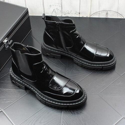 Men fashion party nightclub wear chelsea boots black patent leather shoes slip-on platform boot cowboy ankle botas hombre zapato