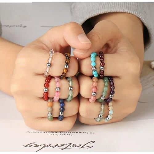 Natural Stone Beads Rings 4mm Crystal Round Strand Finger Ring Handmade Creative Band Ring Women Men Party Jewelry 1pc