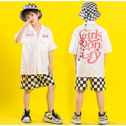 Kids Boys 2 Pieces Sets Short Sleeve Shirt Plaid Shorts Children Teenage Streetwear Hip Hop Tracksuits Stage Show Dance Clothing