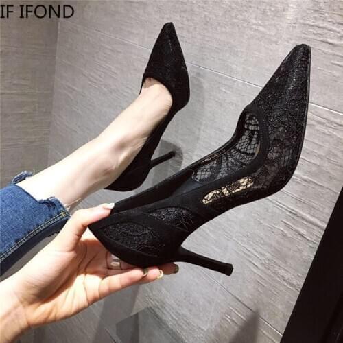 IF IFOND Black Sexy Lace High Heels Pumps 8cm Pointed Toe Office Lady Thin Heel Shoes Female Comfortable Soft Latex Insole Shoes