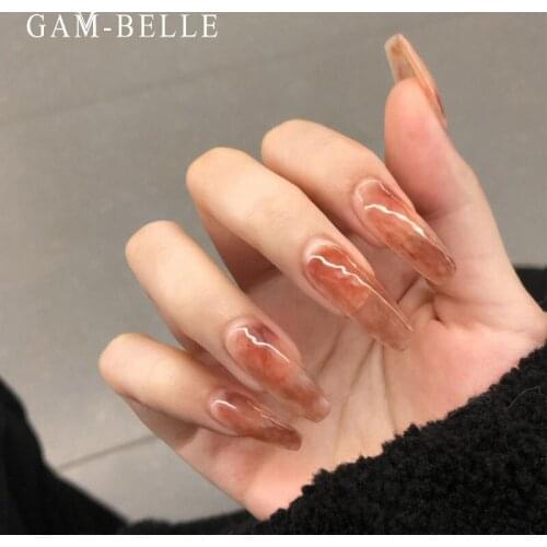 GAM-BELLE Long Fake Nails Coffin Glossy Artificial Impress Press On Nails False Girls Ballerina full cover Fingernails Tips