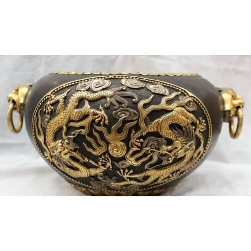 Collectible bronze S1540 Chinese Palace Bronze 24K Gilt Dragon Play Ball Bowl Crock Incense Burner Censer