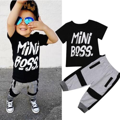 2 Pieces Kids Toddler Baby Boys Clothes Set Children Little Boys Letter Mini Boss T-shirt Tops Pants Outfits 1-6T