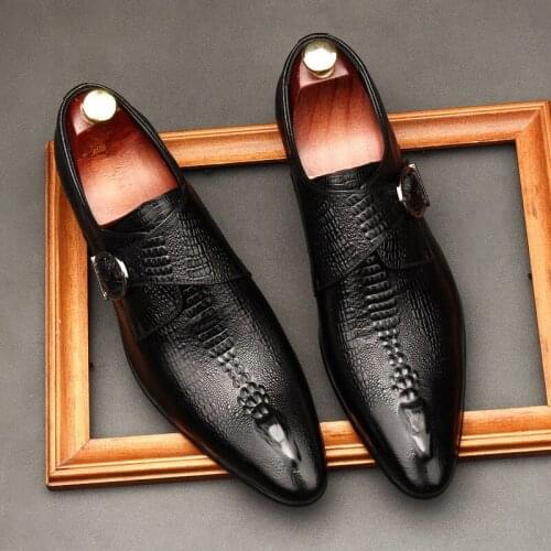 2021 Hot Sale Mens Business Formal Leather Shoes Male British Crocodile Pattern Buckle Wedding Monk Shoes Wine Red
