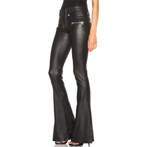 Cool Punk Fashion Womens Lace Up Slim Fit Trousers Female Flared Bell-bottom PU Leather Pants Size XS-XL Free Shipping