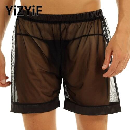 Mens Transparent Shorts Black Mesh See Through Boxers Shorts Lingerie Nightwear