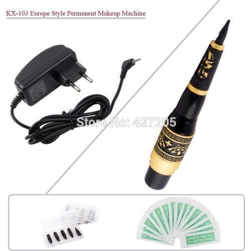 New KX-103 Black & Gold Professional Permanent Tattoo Eyebrow Pen Machine Makeup Kit 15 Needles 15 Tips Supply Free Shipping