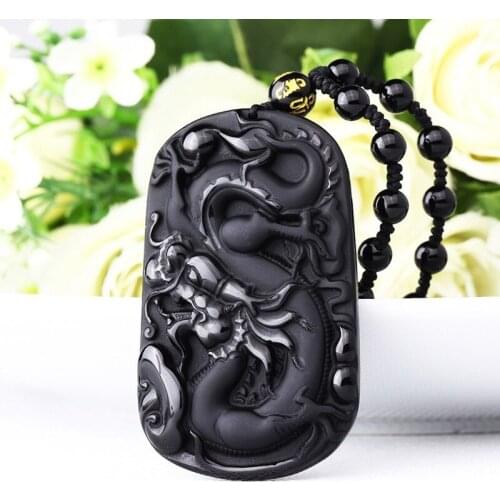 Natural Black Obsidian Dragon Pendant Fashion New Boutique Jewelry Mens and Womens Necklaces for Good Luck and Peace