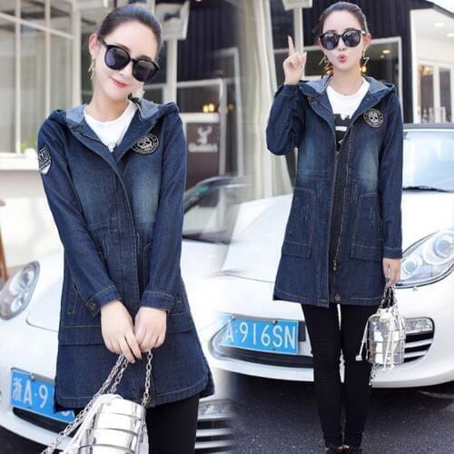 New Autumn Winter Women Coat Plus Size Fashion Casual Patch Designs Solid Hooded Jeans Trench Coat For Women Denim Outerwear