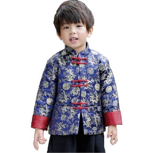 Navy Dragon Baby Boys Coat Chinese Spring Festival Tang Costumes Boy Jacket Clothes Outfits Kids Outerwear Quilted Children Gown