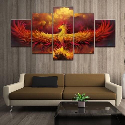 Home Decor Poster Pictures Prints Canvas 5 Piece Modular Phoenix Bath Fire Rebirth Anime Living Room Decorative Painting Framed