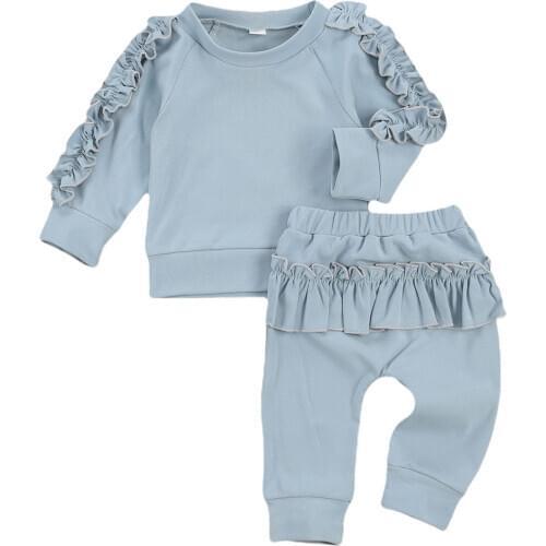 Newborn Baby Girls Casual 2-piece Outfit Set Long Sleeve Ruffle Top+Pants Set for Kids Girls Autumn Solid Color Clothes0-24M