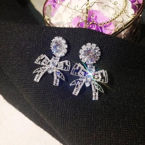 S925 Sterling Silver Studs New Fashion CZ Crystals Butterfly Knot Pendant Silver Earrings Wedding Women Jewelry