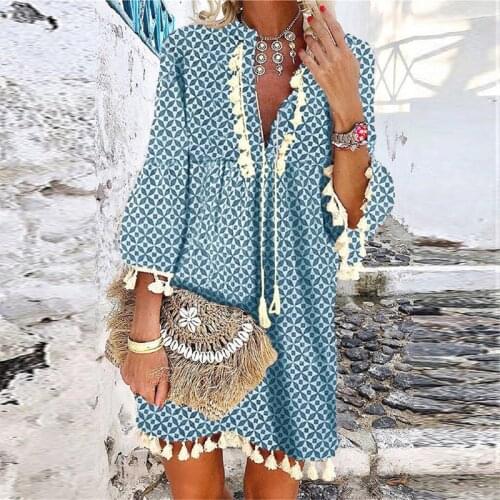 Spring Summer Womens Dresses 2021 Fashion Three Quarter Sleeve V-Neck Stylish Tassels Floral Dress Printed Casual Loose Vestido