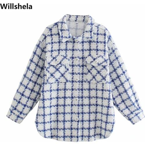 Willshela Fashion Checkered Jacket Women Single Breasted Long Sleeves Lapel Collar Vintage Woman Shirt Coat Chic Outfit