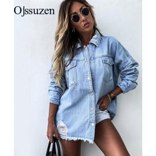 New 2021 Spring Autumn Denim Jacket Long Sleeve Ripped Vintage Jackets Jeans Ladies Fashion Casual Outwear Light Blue Black