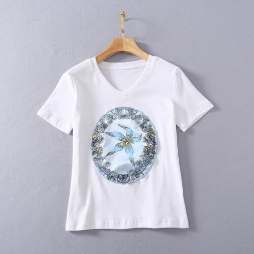 European and American womens clothing 2021 The new spring Short sleeve ironing drill pattern Fashion cotton T-shirt