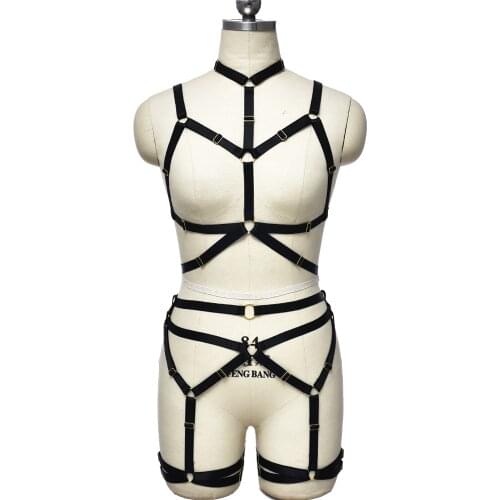 Pastel Gothic Body Cage Set Women Punk Bondage Body Harness Adjustable Elastic Stockings Garter Belt Sexy Lingerie Top Bra