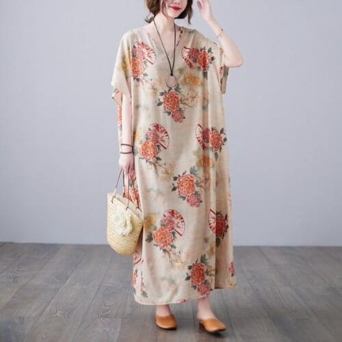 Holiday Travel Casual Beach Style Dress 2021 New Arrival Soft Cotton Satin Loose Summer Dress Print Floral Loose Women Dress