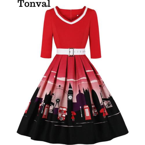 Tonval Red Print Elegant 50S Vintage Rockabilly Pleated Dresses Women 2020 Autumn Winter Plus Size 3XL 4XL Clothing Belt Dress