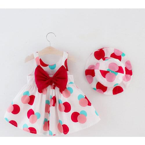2PCS/Set Baby Girls Dress with Hat Summer New Straped Dot Print Big Bow Sweet Princess Kids Clothes