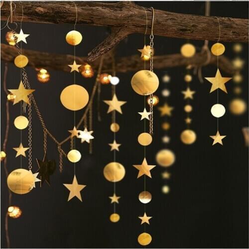4M Gold Silver Glitter Paper String Garland Star Round Circle Hanging For Curtain Christmas New Year Party DIY Decor Supplies