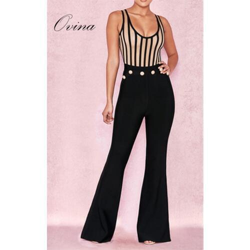 Apricot Sexy Round Neck Sleeveless Striped Bodycon Bandage Bodysuit