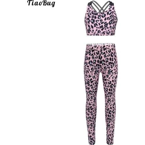 TiaoBug Kid Girls Summer 2Pcs Leopard Print Yoga Sport Suit U Neck Sleeveless Crop Top Leggings Sets For Gym Hiking Cycling