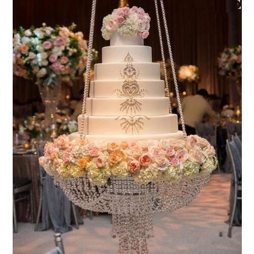 Dia 60cm Round Crystal Chandelier Cake Stand Hanging with Crystal Beaded Cake Table Centerpieces for Wedding Decoration