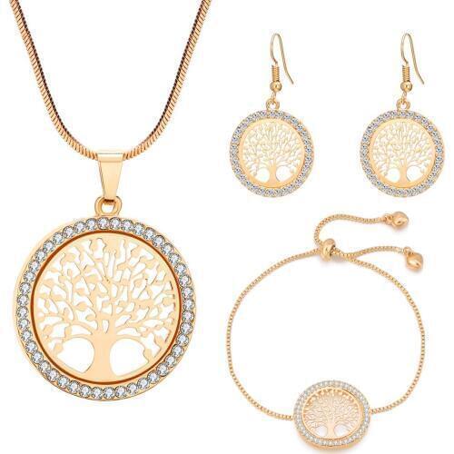 Hot Tree Of Life Jewelry Set For Women Gold Pendant Necklace Drop Earring Charm Bracelet Jewelry Valentines Day Gifts 2019