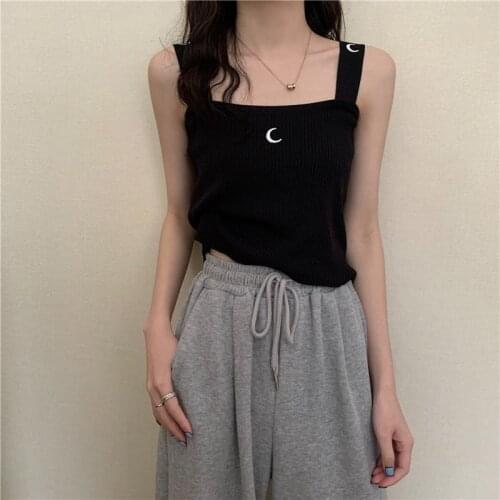 2021 summer new tank top women Moon embroidered black knit camisole female wild bottoming shirt girls sleeveless sexy crop tops