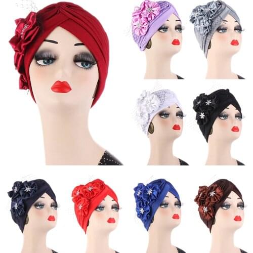 Muslim African Cap Unique Women Big Flower Turban Bonnet Elastic Beanie Hat Headband Turban Ladies Bandanas Chemo Cap Indian Hat