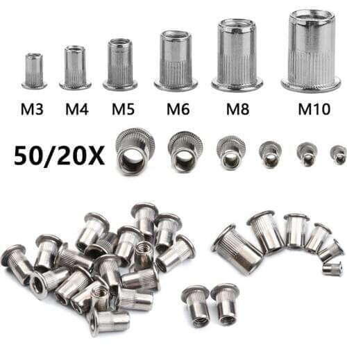 50/20/10 PCS Stainless Steel Flat Head Rivet Nuts Set M3 M4 M5 M6 M8 M10 Insert Reveting Multi Size Rivet Nuts