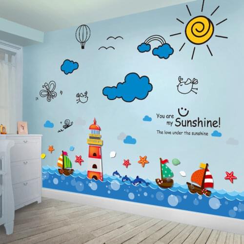 Sailboat Lighthouse Wall Stickers DIY Cartoon Clouds Sun Wall Decals for Kids Room Baby Bedroom Home Decoration Accessories