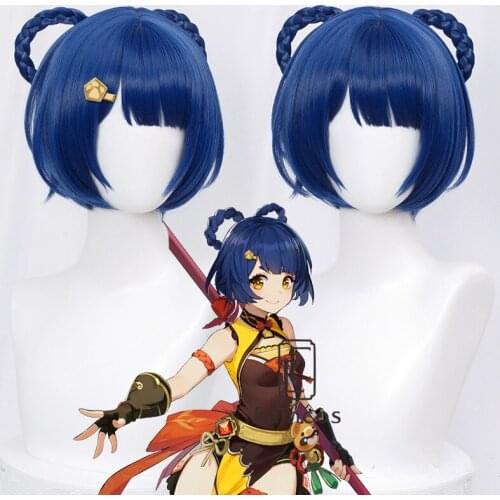 Xiangling Cosplay Wig Genshin Impact 30cm Blue Black Hair Halloween Anime Heat Resistant Synthetic Wigs Free Wig Cap
