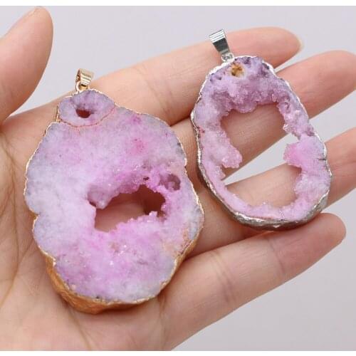 Natural Pink Druzy Agates Pendant Charms Irregular Plating Agates Pendant for Jewelry Making DIY Necklace 40x30x6mm-50x30x6mm